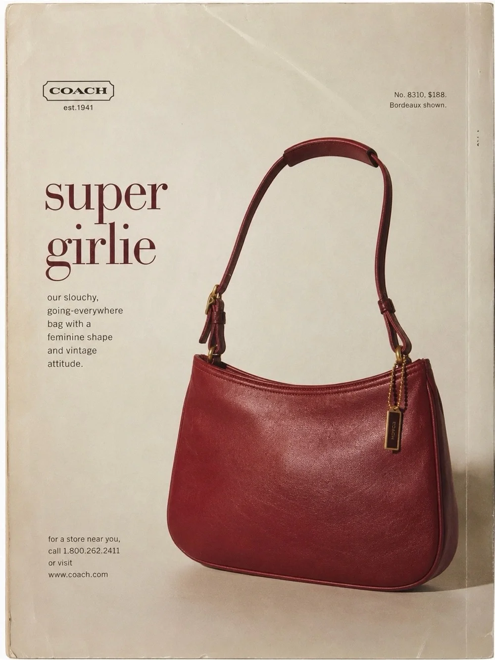 Vintage 2001 Coach Girlie 8165 Bordeaux Red Nappa Leather Hobo Bag Y2K Rare